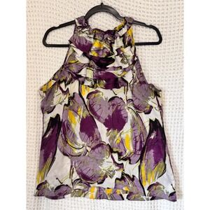 Milano Ruffle High Neck Sleeveless Top Purple Yellow Abstract Women's L‎